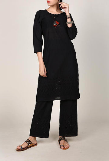Black Chikankari Kurta With Tassel